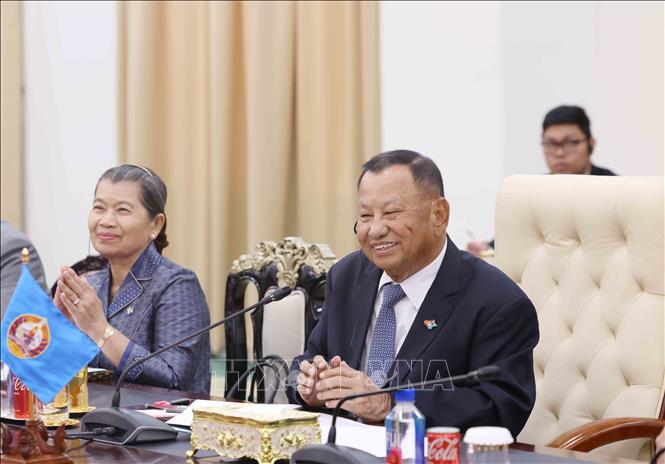 Phó Chủ tịch, Trưởng Ban Thường trực Ban Thường vụ Đảng Nhân dân Campuchia Say Chhum tại hội đàm. Ảnh: Phương Hoa - TTXVN