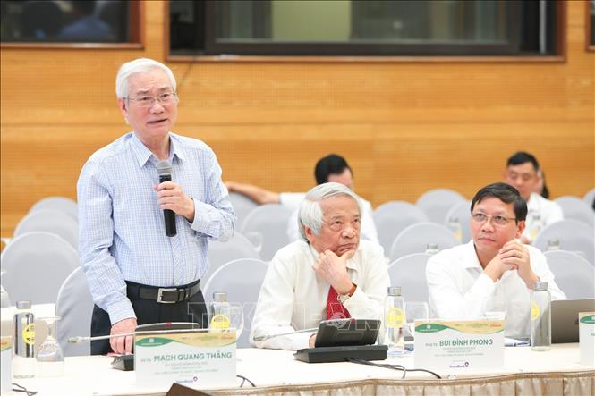 GS.TS Mạch Quang Thắng, Uỷ viên Hội đồng Khoa học giảng viên cao cấp, Học viện Chính trị Quốc gia Hồ Chí Minh chia sẻ và thảo luận tại Hội thảo. Ảnh: Lê Đông - TTXVN