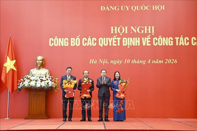 Chủ tịch Quốc hội Trần Thanh Mẫn trao Quyết định và tặng hoa cho các Bí thư các Đảng uỷ: Uỷ ban Pháp luật và Tư pháp; Uỷ ban Dân nguyện và Giám sát, Kiểm toán nhà nước nhiệm kỳ 2025 – 2030. Ảnh: Doãn Tấn – TTXVN