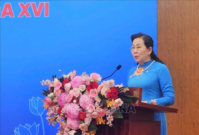 Chủ tịch Hội Liên hiệp Phụ nữ Việt Nam Lê Thị Thủy phát biểu. Ảnh: Phúc Hằng - TTXVN