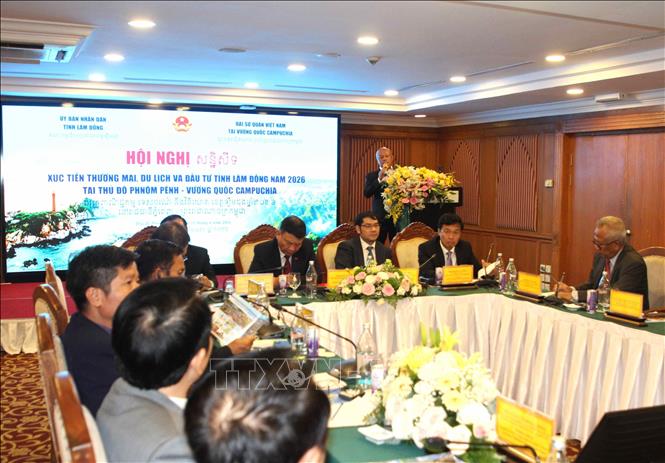 Quang cảnh Hội nghị Xúc tiến thương mại, du lịch và đầu tư tỉnh Lâm Đồng năm 2026 tại thủ đô Phnom Penh, Vương quốc Campuchia. Ảnh: Minh Hưng – PV TTXVN tại Campuchia