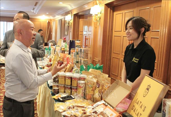 Các doanh nghiệp tham quan, tìm hiểu các sản phẩm của doanh nghiệp tỉnh Lâm Đồng. Ảnh: Minh Hưng – PV TTXVN tại Campuchia. 