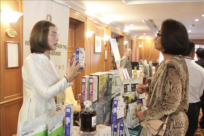 Các doanh nghiệp tham quan, tìm hiểu các sản phẩm của doanh nghiệp tỉnh Lâm Đồng. Ảnh: Minh Hưng – PV TTXVN tại Campuchia