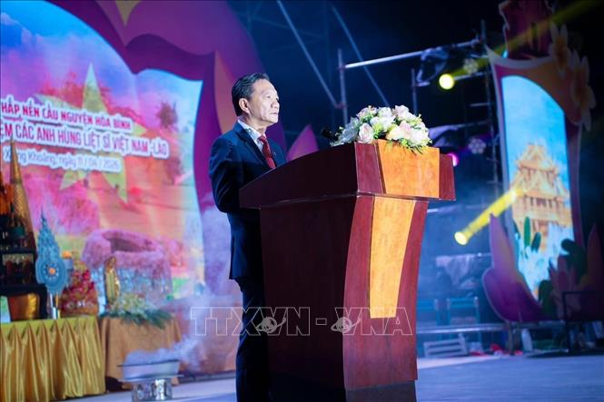 Đại sứ Việt Nam tại Lào Nguyễn Minh Tâm phát biểu tại buổi lễ. Ảnh: Văn Phiên – PV TTXVN tại Lào