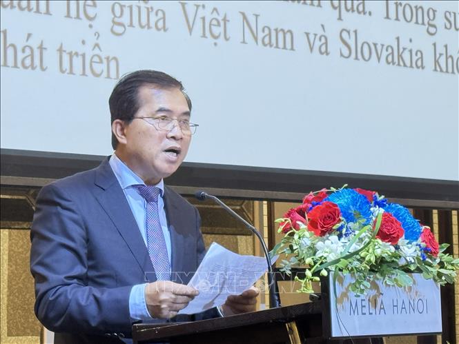  Chủ tịch Hội Hữu nghị Việt Nam – Slovakia, ông Lê Quang Hùng phát biểu tại buổi gặp. Ảnh: Hải Ngọc - TTXVN