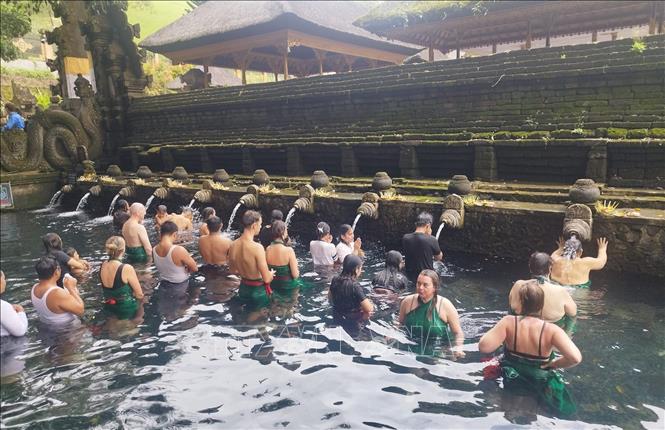 Du khách thực hiện nghi lễ thanh tẩy Melukat tại suối thiêng. Ảnh: Lê Minh Hưởng - PvTTXVN tại Indonesia