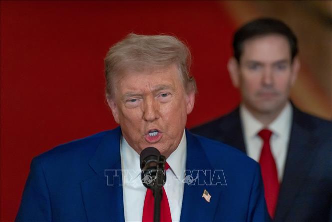 Tổng thống Donald Trump phát biểu tại Washington, D.C, sau khi Mỹ tiến hành chiến dịch tấn công quân sự đối với Iran. Ảnh: ANI/TTXVN