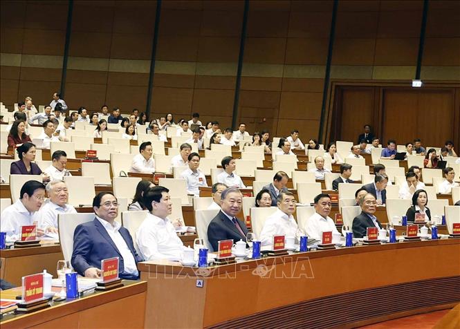 Tổng Bí thư, Chủ tịch nước Tô Lâm cùng các đồng chí lãnh đạo, Đảng, Nhà nước và đại biểu tham dự Hội nghị tại điểm cầu chính Hội trường Diên Hồng, Nhà Quốc hội. Ảnh: Thống Nhất - TTXVN