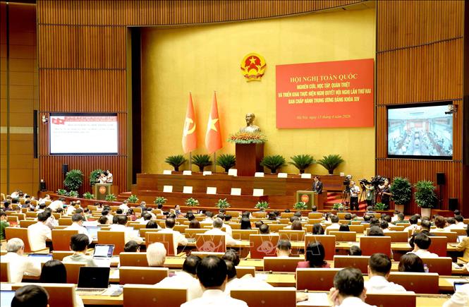 Hội nghị nghiên cứu, học tập, quán triệt và triển khai thực hiện Nghị quyết Hội nghị Trung ương II, khóa XIV tại điểm cầu chính Hội trường Diên Hồng, Nhà Quốc hội. Ảnh: Phương Hoa - TTXVN