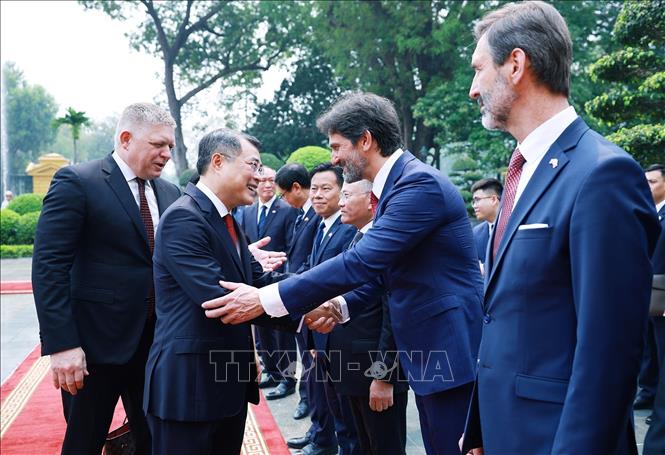 Thủ tướng Lê Minh Hưng với thành viên đoàn Slovakia. Ảnh: Dương Giang - TTXVN