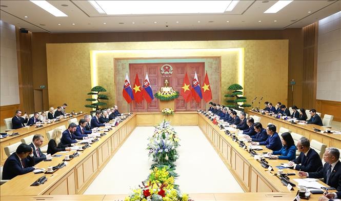 Thủ tướng Lê Minh Hưng hội đàm với Thủ tướng Slovakia Robert Fico. Ảnh: Dương Giang - TTXVN 
