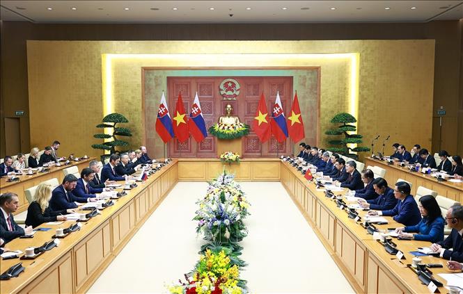 Thủ tướng Lê Minh Hưng hội đàm với Thủ tướng Slovakia Robert Fico. Ảnh: Dương Giang - TTXVN 
