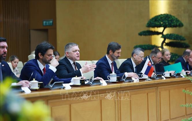 Thủ tướng Slovakia Robert Fico phát biểu tại cuộc hội đàm với Thủ tướng Lê Minh Hưng. Ảnh: Dương Giang - TTXVN 

