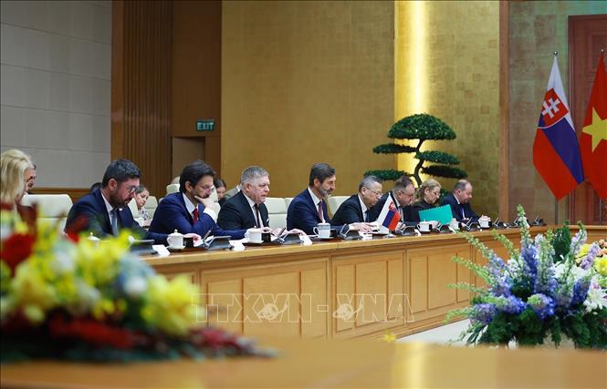 Thủ tướng Robert Fico và đoàn Slovakia tại cuộc hội đàm với Thủ tướng Lê Minh Hưng. Ảnh: Dương Giang - TTXVN 
