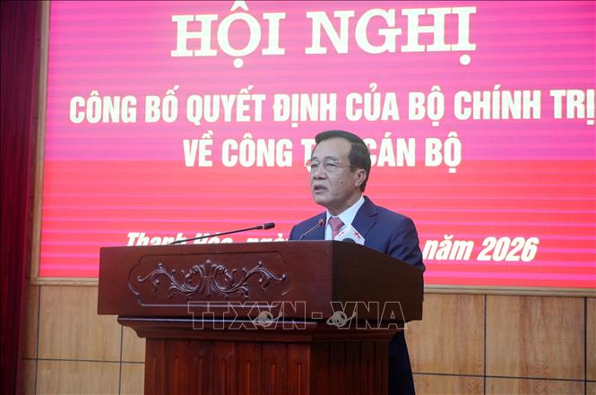 Thượng tướng Lê Đức Thái, Ủy viên Trung ương Đảng, Bí thư Tỉnh ủy Thanh Hóa nhiệm kỳ 2025-2030 phát biểu nhận nhiệm vụ. Ảnh: Việt Hoàng - TTXVN
