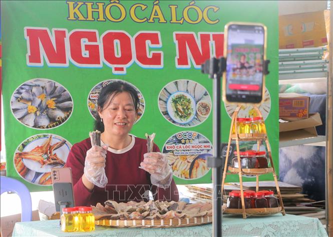 Bán hàng online thông qua sàn thương mại điện tử và mạng xã hội được hộ kinh doanh khô cá lóc Ngọc Nhi (ấp Bình An 2, xã Bình Hòa, tỉnh An Giang) đẩy mạnh áp dụng. Ảnh: Công Mạo - TTXVN