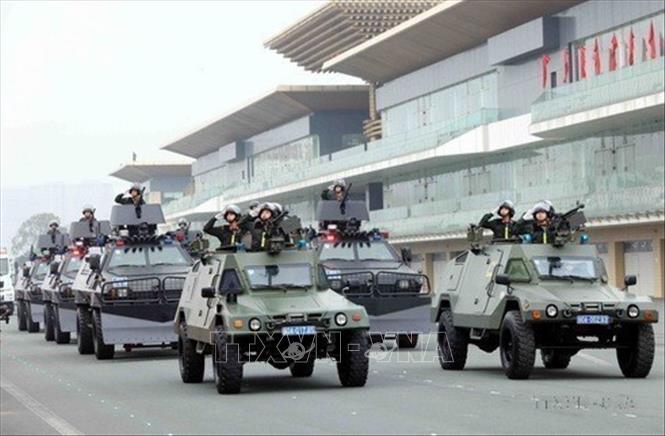 Khối xe bọc thép đặc chủng chiến đấu của lực lượng Cảnh sát cơ động tham gia diễu binh trong Lễ kỷ niệm 50 năm Ngày truyền thống lực lượng Cảnh sát cơ động (15/4/1974 - 15/4/2024) và đón nhận Danh hiệu Anh hùng Lực lượng vũ trang nhân dân lần thứ hai. Ảnh: Phạm Kiên - TTXVN