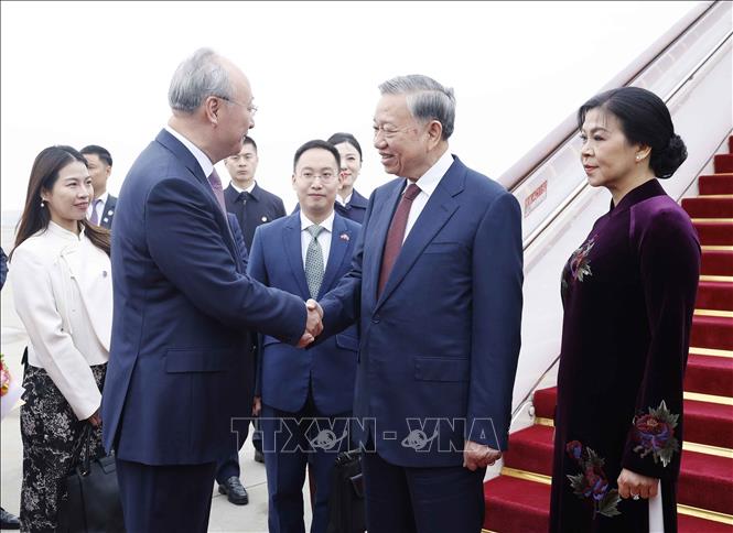 Ủy viên Bộ Chính trị, Bí thư Thành ủy Bắc Kinh Doãn Lực đón Tổng Bí thư, Chủ tịch nước Tô Lâm và Phu nhân tại Sân bay quốc tế Bắc Kinh. Ảnh: Thống Nhất - TTXVN
