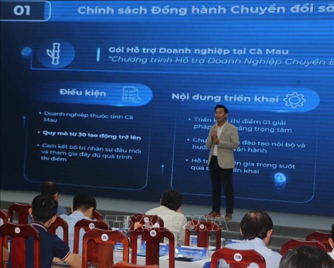 Ông Nguyễn Duy Phúc, Giám đốc chuyển đổi số khu vực phía Nam, Giải pháp Base.vn tham luận tại Hội thảo. Ảnh: Tuấn Kiệt – TTXVN