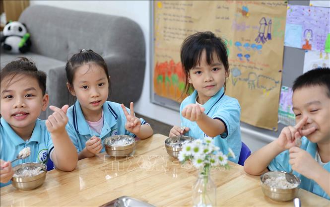 Giờ ăn bán trú của các bé trường Mầm non Bà Triệu (phường Cửa Nam, Hà Nội). Ảnh: Thanh Tùng – TTXVN