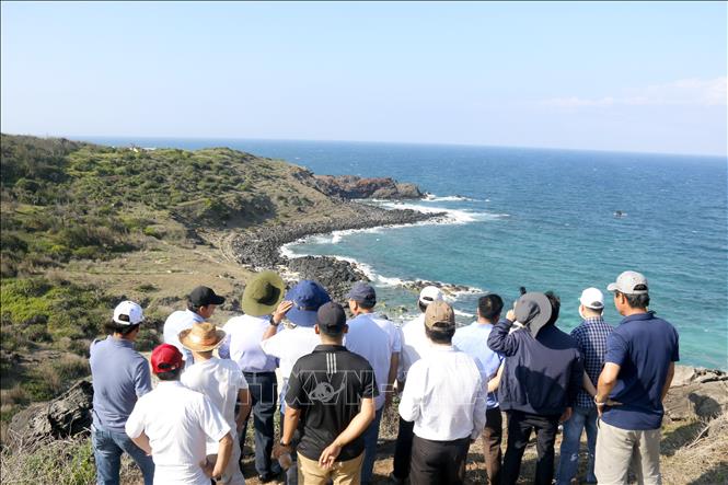 A working group of Lam Dong province's authorities inspects the location for developing Bai Nho-Ganh Hang tourist area at Phu Quy special zone. VNA Photo: Nguyễn Thanh