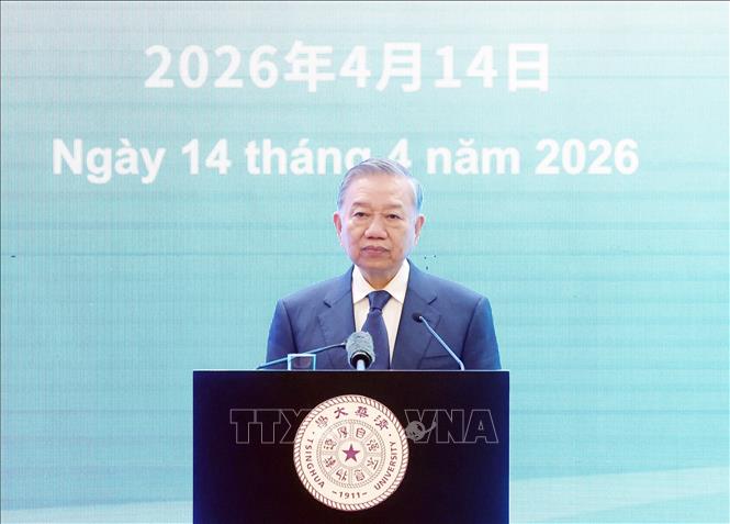 Tổng Bí thư, Chủ tịch nước Tô Lâm phát biểu chính sách tại Đại học Thanh Hoa. Ảnh: Thống Nhất - TTXVN