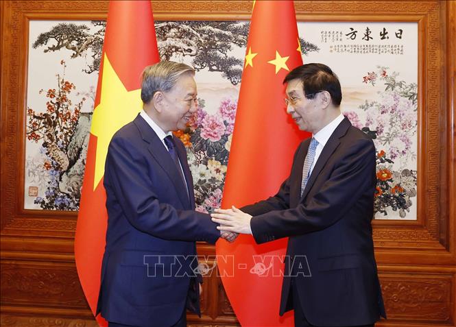 Tổng Bí thư, Chủ tịch nước Tô Lâm hội kiến Chủ tịch Chính hiệp toàn quốc Trung Quốc Vương Hộ Ninh. Ảnh: Thống Nhất - TTXVN