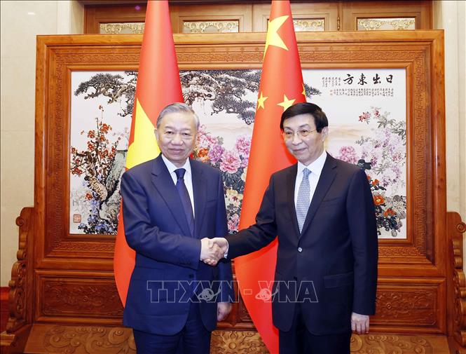 Tổng Bí thư, Chủ tịch nước Tô Lâm hội kiến Chủ tịch Chính hiệp toàn quốc Trung Quốc Vương Hộ Ninh. Ảnh: Thống Nhất - TTXVN