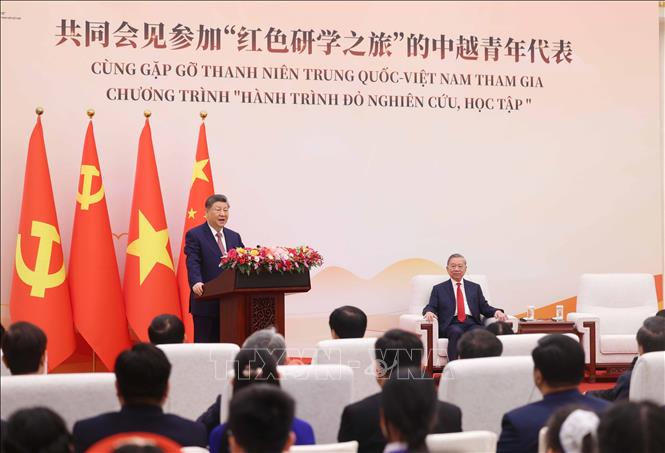 Tổng Bí thư, Chủ tịch nước Trung Quốc Tập Cận Bình phát biểu tại buổi gặp gỡ thanh niên hai nước tham gia chương trình “Hành trình Đỏ nghiên cứu, học tập”. Ảnh: Thống Nhất - TTXVN