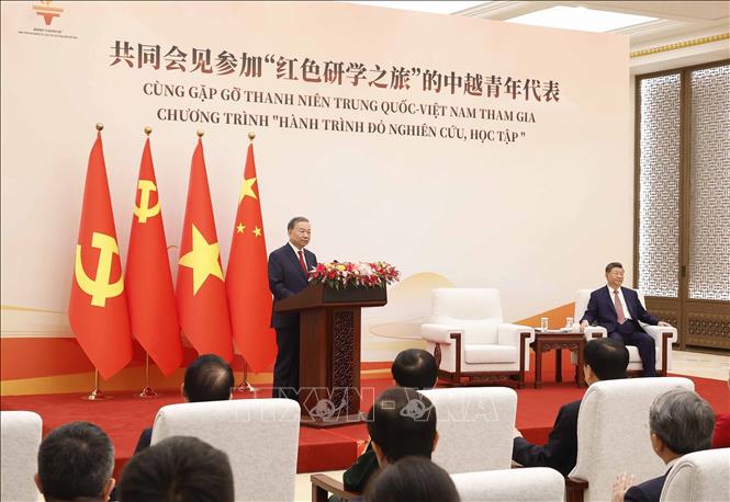 Tổng Bí thư, Chủ tịch nước Tô Lâm phát biểu tại buổi gặp gỡ thanh niên hai nước tham gia chương trình “Hành trình Đỏ nghiên cứu, học tập”. Ảnh: Thống Nhất - TTXVN