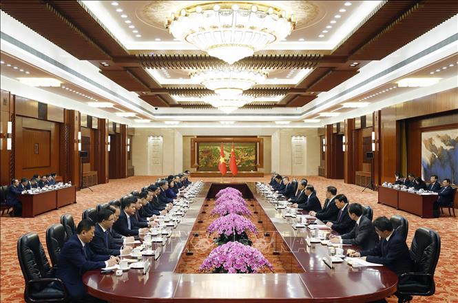 Tổng Bí thư, Chủ tịch nước Tô Lâm hội kiến Ủy viên trưởng Nhân đại toàn quốc Trung Quốc Triệu Lạc Tế. Ảnh: Thống Nhất - TTXVN