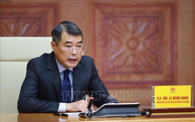 Thủ tướng Lê Minh Hưng phát biểu tại Hội nghị Thượng đỉnh trực tuyến Cộng đồng phát thải ròng bằng 0 châu Á (AZEC) mở rộng. Ảnh: Dương Giang - TTXVN 
