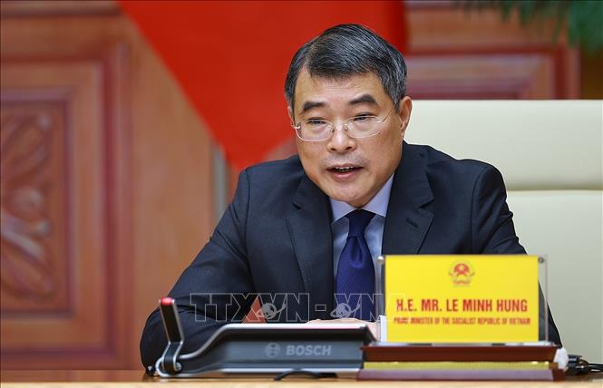 Thủ tướng Lê Minh Hưng phát biểu tại Hội nghị Thượng đỉnh trực tuyến Cộng đồng phát thải ròng bằng 0 châu Á (AZEC) mở rộng. Ảnh: Dương Giang - TTXVN 
