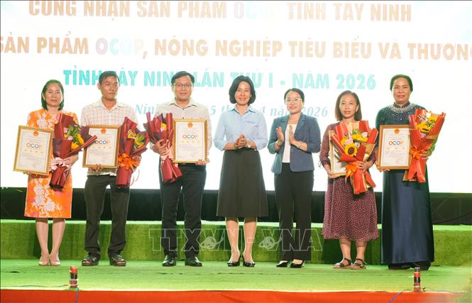Ban tổ chức trao giấy chứng nhận và tôn vinh 5 sản phẩm OCOP đạt hạng 3 sao và 4 sao. Ảnh: Bùi Giang - TTXVN