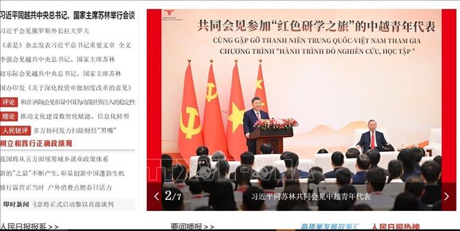 Mạng Nhân dân đưa tin về hai Tổng Bí thư, Chủ tịch nước tại buổi tiếp đại diện thanh niên Trung Quốc và Việt Nam tham gia “Hành trình nghiên cứu, học tập đỏ”. Ảnh: TTXVN phát
