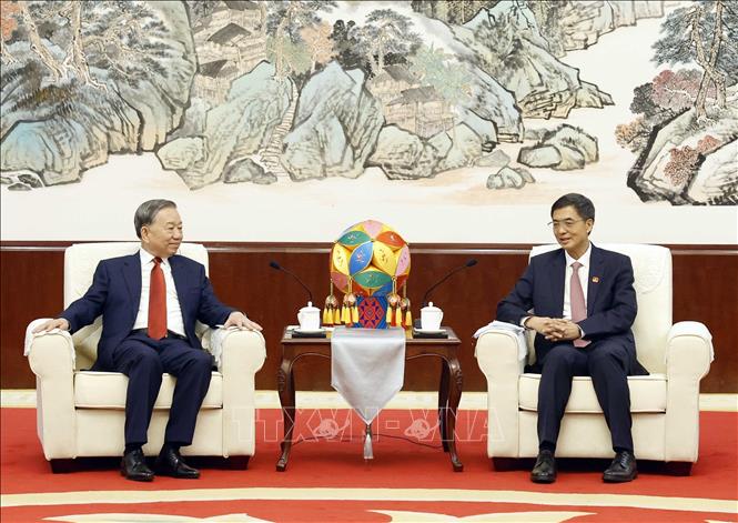 Tổng Bí thư, Chủ tịch nước Tô Lâm tiếp đồng chí Trần Cương, Uỷ viên Trung ương Đảng, Bí thư Khu uỷ Khu tự trị dân tộc Choang Quảng Tây. Ảnh: Thống Nhất - TTXVN
