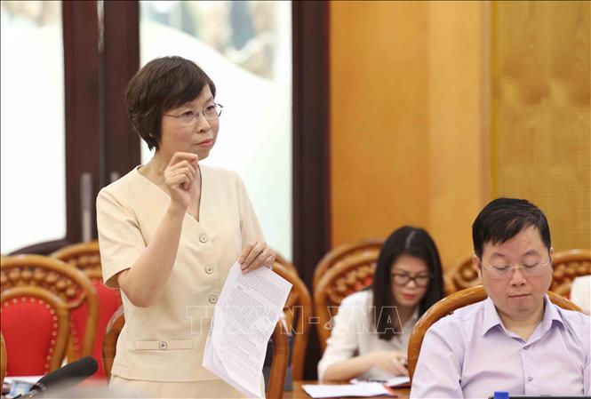 Đồng chí Vũ Việt Trang, Ủy viên Ban Thường vụ Đảng ủy các cơ quan Đảng Trung ương, Bí thư Đảng ủy, Tổng Giám đốc Thông tấn xã Việt Nam, Phó Trưởng Ban Tuyên giáo và Dân vận Trung ương, phát biểu tại buổi làm việc. Ảnh: Phương Hoa - TTXVN