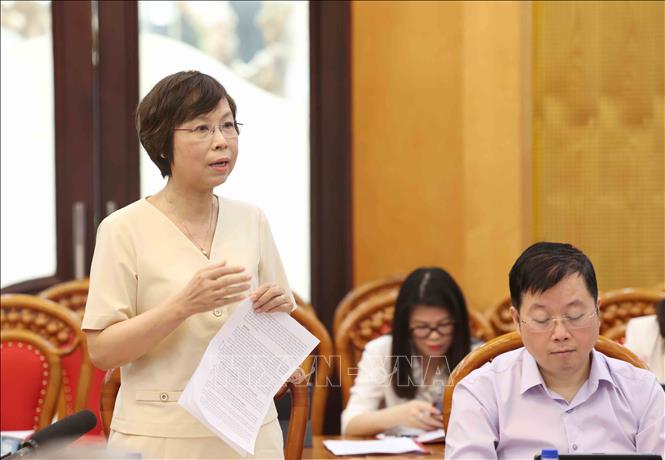 Đồng chí Vũ Việt Trang, Ủy viên Ban Thường vụ Đảng ủy các cơ quan Đảng Trung ương, Bí thư Đảng ủy, Tổng Giám đốc Thông tấn xã Việt Nam, Phó Trưởng Ban Tuyên giáo và Dân vận Trung ương, phát biểu tại buổi làm việc. Ảnh: Phương Hoa - TTXVN