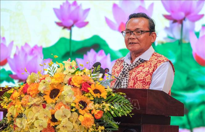 Già làng Lâm Hùng Vôn, dân tộc Khmer (tỉnh Đồng Nai) phát biểu tại buổi gặp mặt Ảnh: Thanh Liêm - TTXVN.