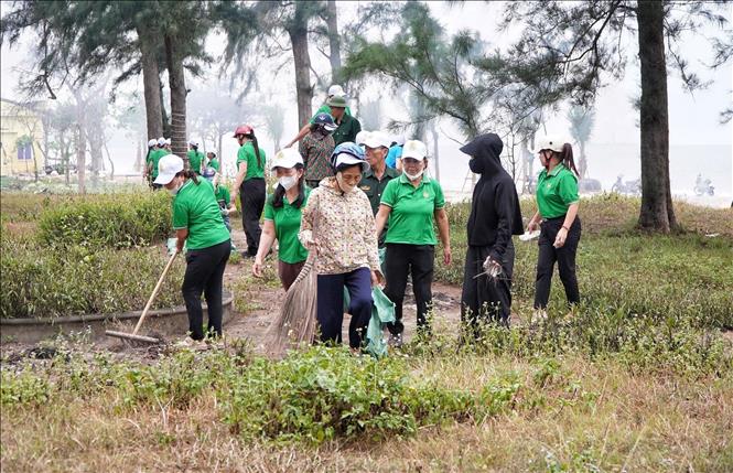 Các lực lượng ra quân thu gom rác thải, làm sạch bãi biển Cửa Lò. Ảnh: Trịnh Duy Hưng-TTXVN
