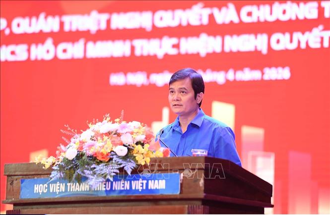 Đồng chí Bùi Quang Huy - Ủy viên T.Ư Đảng, Bí thư thứ nhất T.Ư Đoàn phát biểu. Ảnh: Minh Đức – TTXVN