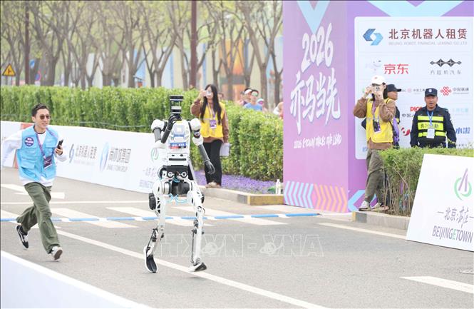Các robot lần lượt băng băng chạy về đích. Ảnh: Công Tuyên-PV TTXVN tại Trung Quốc