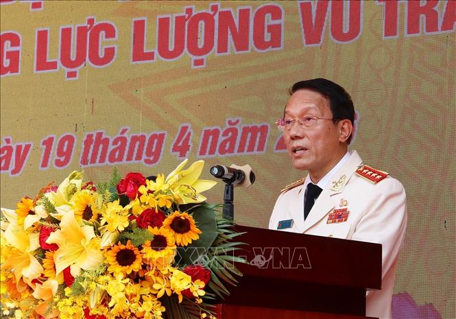 Đại tướng Lương Tam Quang, Ủy viên Bộ Chính trị, Bộ trưởng Bộ Công an phát biểu chỉ đạo tại Lễ kỷ niệm 50 năm Ngày truyền thống Trường Đại học Cảnh sát nhân dân (24/4/1976 - 24/4/2026) và đón nhận danh hiệu Anh hùng Lực lượng vũ trang nhân dân. Ảnh: Hồng Đạt - TTXVN