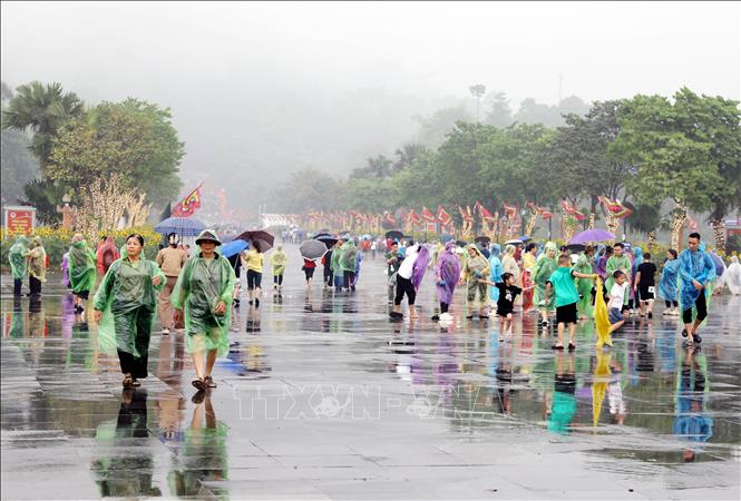 Hàng nghìn du khách đội áo mưa, che ô về đất Tổ dâng hương tri ân công đức các Vua Hùng. Ảnh: Tạ Toàn – TTXVN