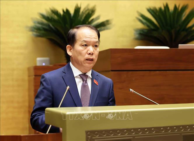 Bộ trưởng Bộ Tư pháp Hoàng Thanh Tùng trình bày Tờ trình về dự thảo Nghị quyết của Quốc hội về thực hiện thí điểm chế định luật sư công. Ảnh: An Đăng - TTXVN