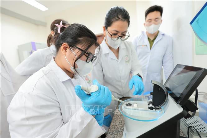 Sinh viên Khoa Công nghệ sinh học thao tác đo nồng độ ADN thực vật sau tách chiết để phục vụ quá trình kiểm tra gien dưới sự chỉ dẫn của giảng viên. Ảnh: Lê Đông - TTXVN