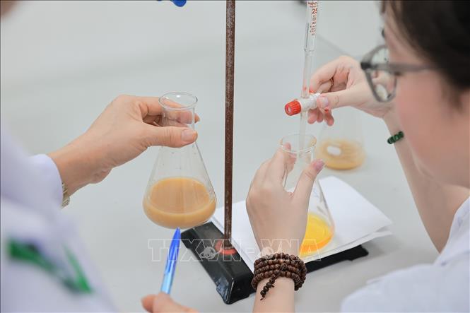 Giảng viên Khoa Tài nguyên và môi trường trực tiếp kèm cặp hướng dẫn sinh viên thao tác thí nghiệm, từ chuẩn bị mẫu đến quan sát phản ứng, giúp người học nắm vững kỹ năng và quy trình phân tích trong phòng Lab. Ảnh: Lê Đông - TTXVN