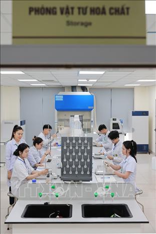 Giảng viên Khoa Tài nguyên và môi trường trực tiếp kèm cặp hướng dẫn sinh viên thao tác thí nghiệm, từ chuẩn bị mẫu đến quan sát phản ứng, giúp người học nắm vững kỹ năng và quy trình phân tích trong phòng Lab. Ảnh: Lê Đông - TTXVN