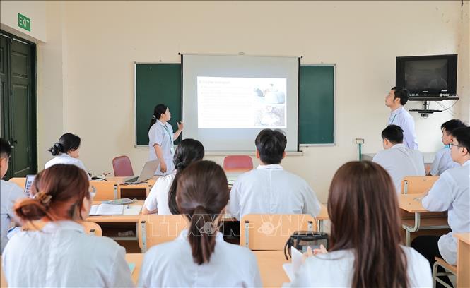 Thông qua các bài thuyết trình, sinh viên Khoa Chăn nuôi vận dụng kiến thức lý thuyết vào phân tích, xử lý vấn đề thực tiễn. Ảnh: Lê Đông - TTXVN
