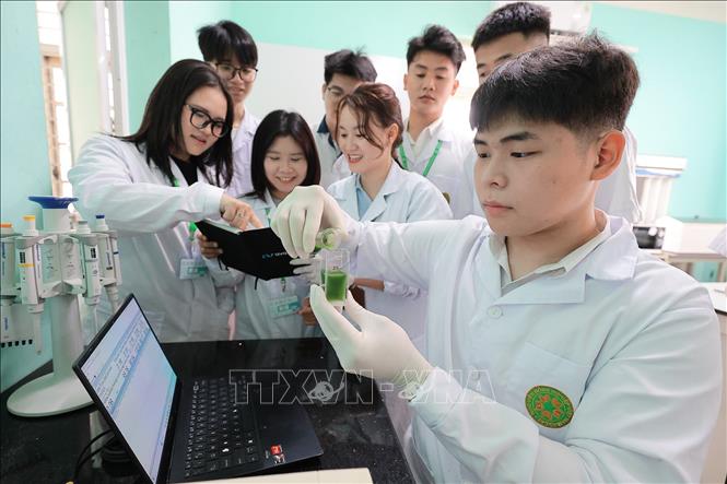 Sinh viên Khoa Thuỷ sản thực hành trên thiết bị phân tích mẫu nước để theo dõi và quản lý chất lượng môi trường nước thủy sản. Ảnh: Lê Đông - TTXVN